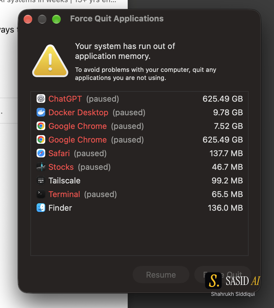 Mac Studio application memory warning — owner screenshot
