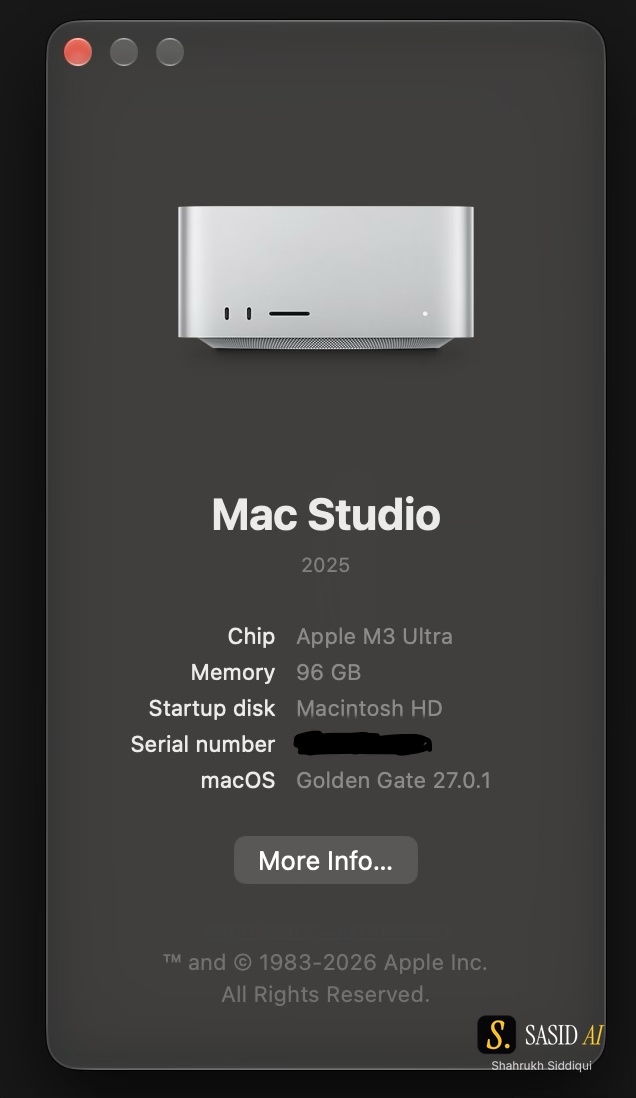 About This Mac showing a 2025 Mac Studio with Apple M3 Ultra and 96 GB memory